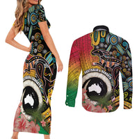 Vanuatu and Australia Together Couples Matching Short Sleeve Bodycon Dress and Long Sleeve Button Shirt Kangaroo with Pig Tusk Indigenous Pattern LT03 - Polynesian Pride