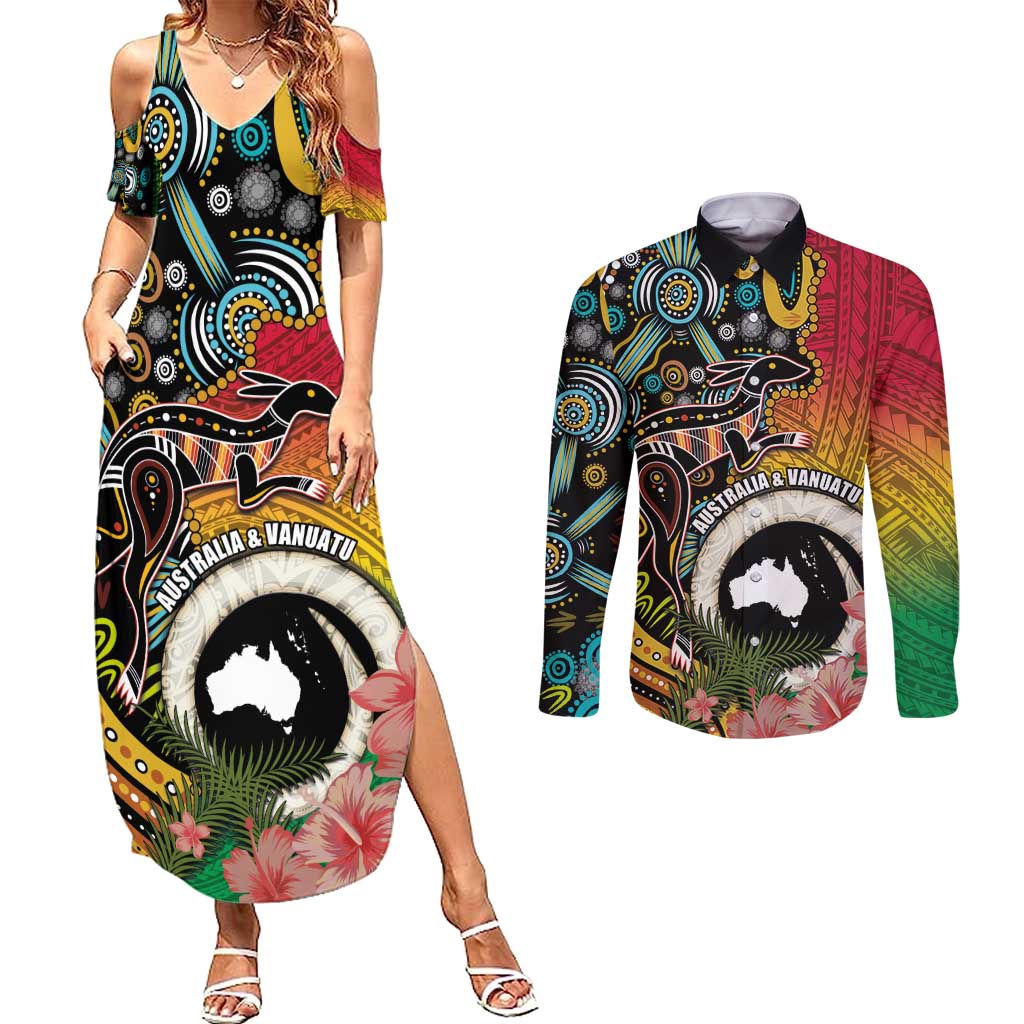 Vanuatu and Australia Together Couples Matching Summer Maxi Dress and Long Sleeve Button Shirt Kangaroo with Pig Tusk Indigenous Pattern LT03 Black - Polynesian Pride