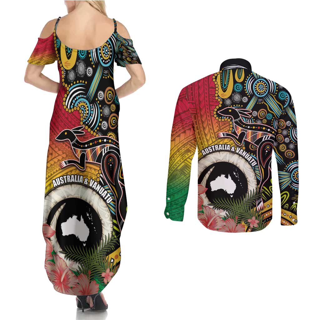 Vanuatu and Australia Together Couples Matching Summer Maxi Dress and Long Sleeve Button Shirt Kangaroo with Pig Tusk Indigenous Pattern LT03 - Polynesian Pride