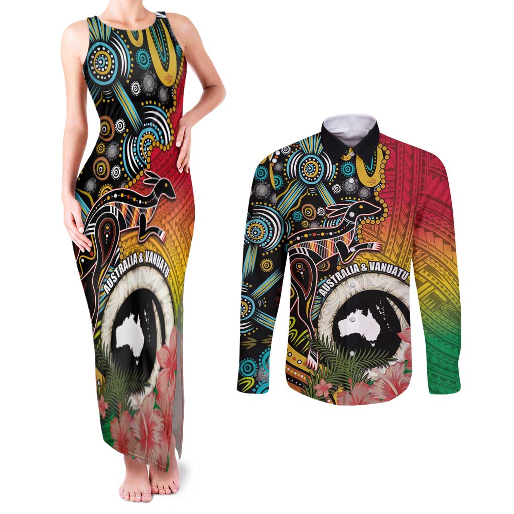 Vanuatu and Australia Together Couples Matching Tank Maxi Dress and Long Sleeve Button Shirt Kangaroo with Pig Tusk Indigenous Pattern