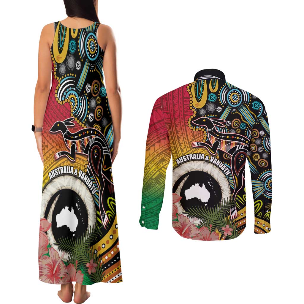 Vanuatu and Australia Together Couples Matching Tank Maxi Dress and Long Sleeve Button Shirt Kangaroo with Pig Tusk Indigenous Pattern LT03 - Polynesian Pride