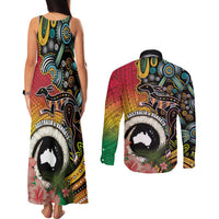 Vanuatu and Australia Together Couples Matching Tank Maxi Dress and Long Sleeve Button Shirt Kangaroo with Pig Tusk Indigenous Pattern LT03 - Polynesian Pride