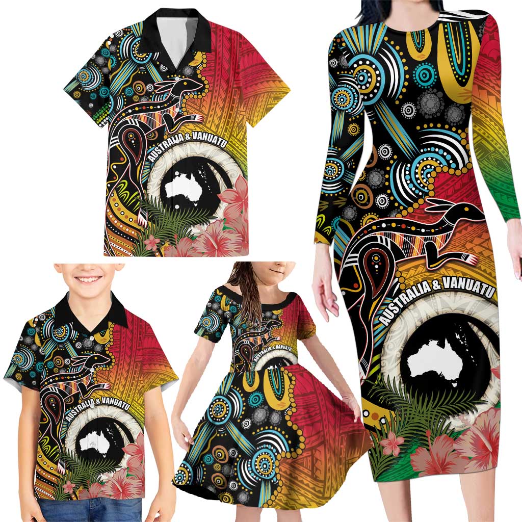 Vanuatu and Australia Together Family Matching Long Sleeve Bodycon Dress and Hawaiian Shirt Kangaroo with Pig Tusk Indigenous Pattern