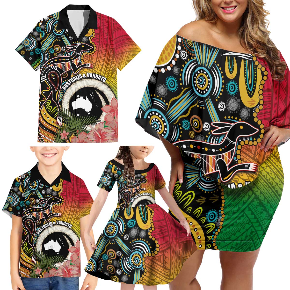 Vanuatu and Australia Together Family Matching Off Shoulder Short Dress and Hawaiian Shirt Kangaroo with Pig Tusk Indigenous Pattern