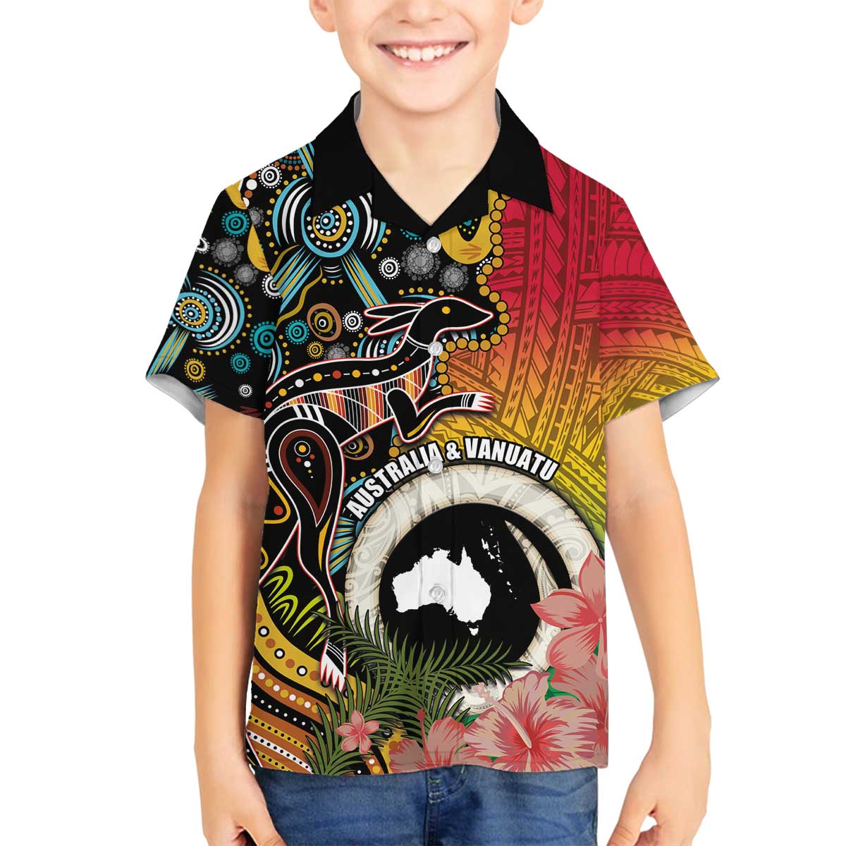 Vanuatu and Australia Together Family Matching Off Shoulder Short Dress and Hawaiian Shirt Kangaroo with Pig Tusk Indigenous Pattern LT03 Son's Shirt Black - Polynesian Pride