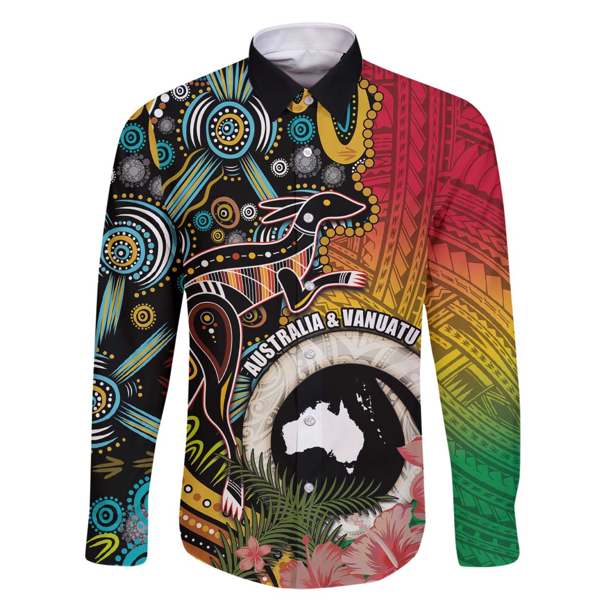 Vanuatu and Australia Together Family Matching Puletasi and Hawaiian Shirt Kangaroo with Pig Tusk Indigenous Pattern LT03 Dad's Shirt - Long Sleeve Black - Polynesian Pride