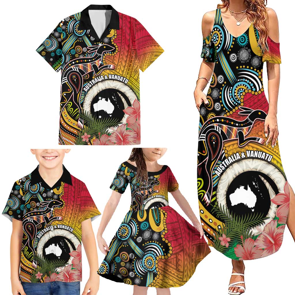 Vanuatu and Australia Together Family Matching Summer Maxi Dress and Hawaiian Shirt Kangaroo with Pig Tusk Indigenous Pattern