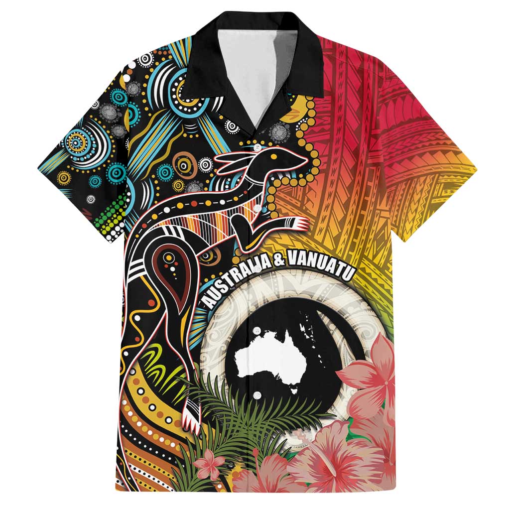 Vanuatu and Australia Together Family Matching Summer Maxi Dress and Hawaiian Shirt Kangaroo with Pig Tusk Indigenous Pattern LT03 Dad's Shirt - Short Sleeve Black - Polynesian Pride