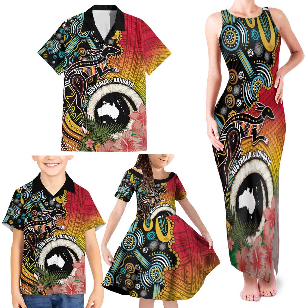 Vanuatu and Australia Together Family Matching Tank Maxi Dress and Hawaiian Shirt Kangaroo with Pig Tusk Indigenous Pattern LT03 - Polynesian Pride
