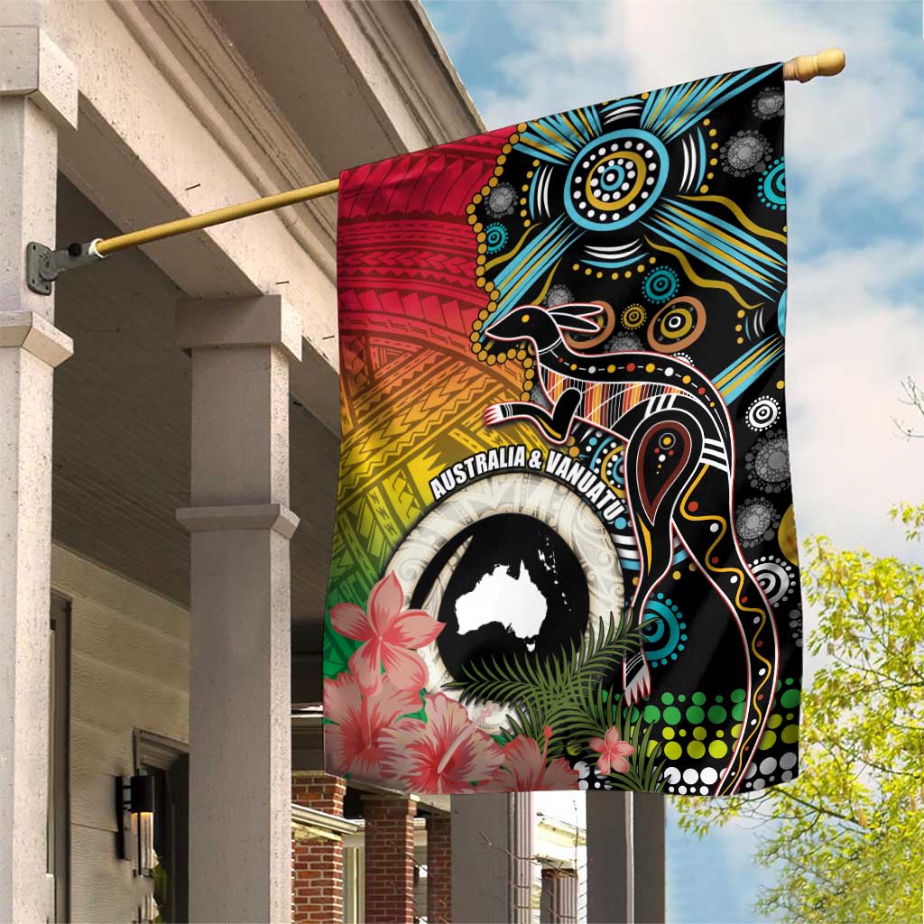 Vanuatu and Australia Together Garden Flag Kangaroo with Pig Tusk Indigenous Pattern LT03 House Flag Black - Polynesian Pride