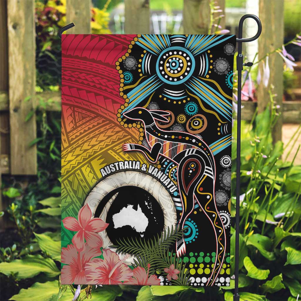 Vanuatu and Australia Together Garden Flag Kangaroo with Pig Tusk Indigenous Pattern LT03 Garden Flag Black - Polynesian Pride