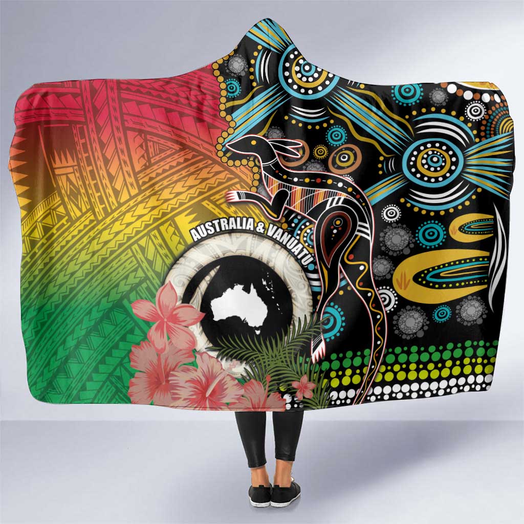 Vanuatu and Australia Together Hooded Blanket Kangaroo with Pig Tusk Indigenous Pattern LT03 One Size Black - Polynesian Pride