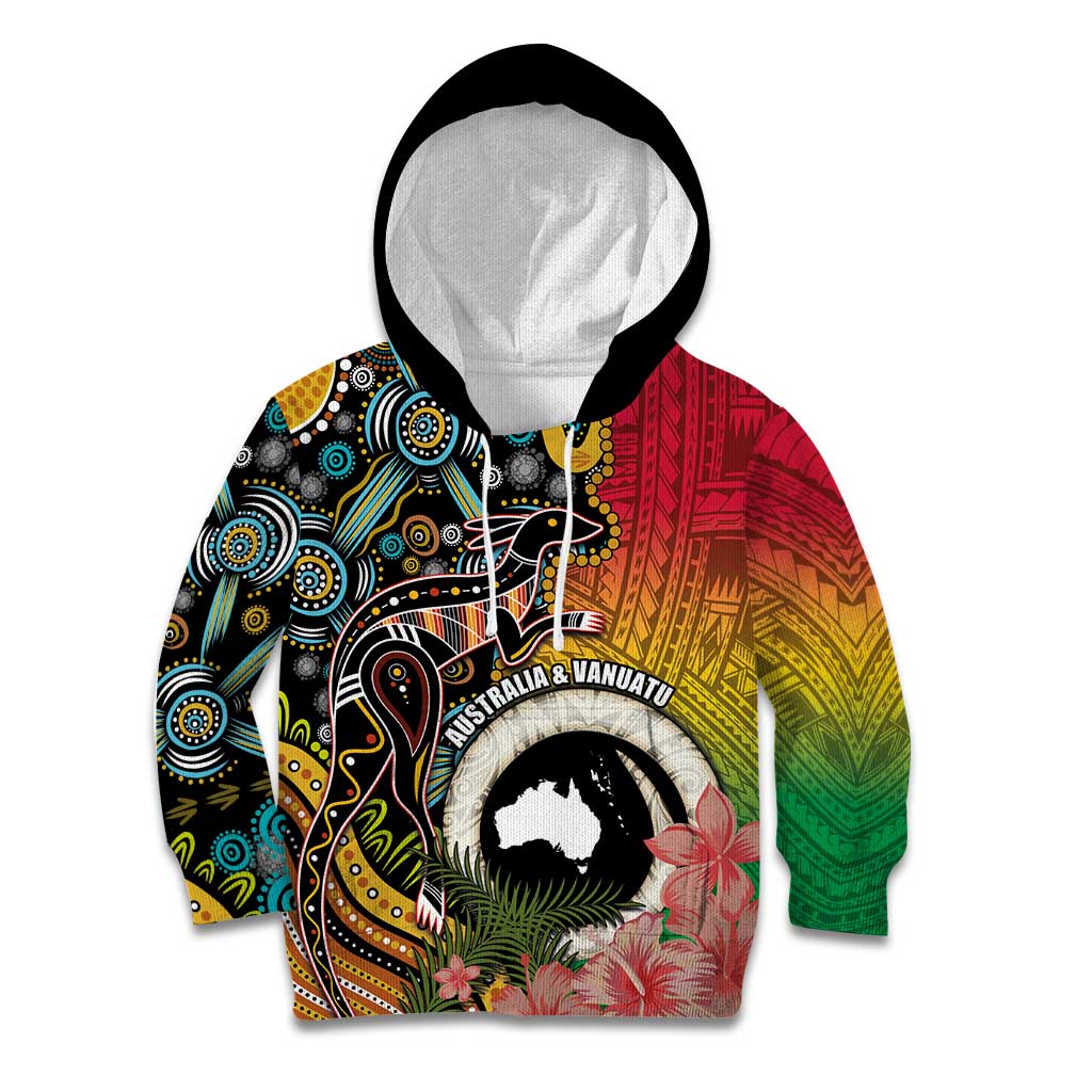 Vanuatu and Australia Together Kid Hoodie Kangaroo with Pig Tusk Indigenous Pattern