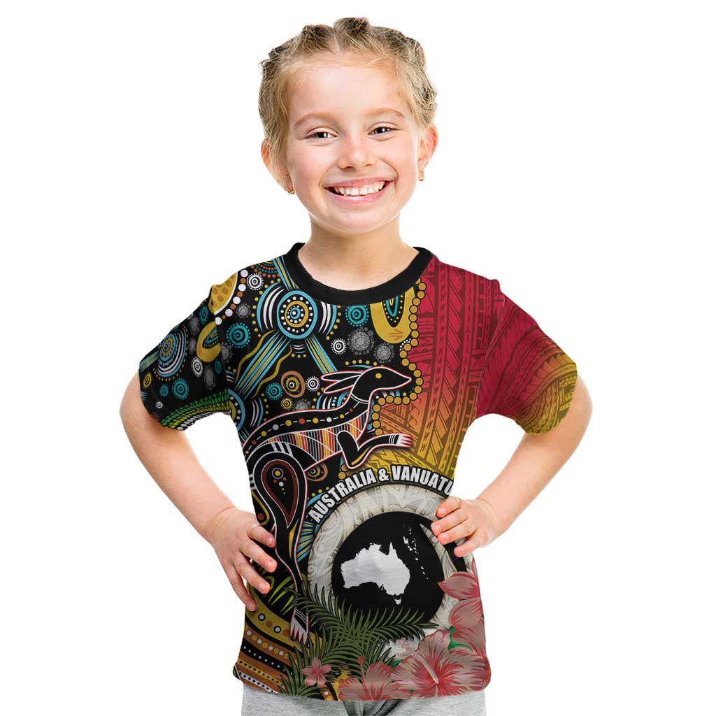 Vanuatu and Australia Together Kid T Shirt Kangaroo with Pig Tusk Indigenous Pattern