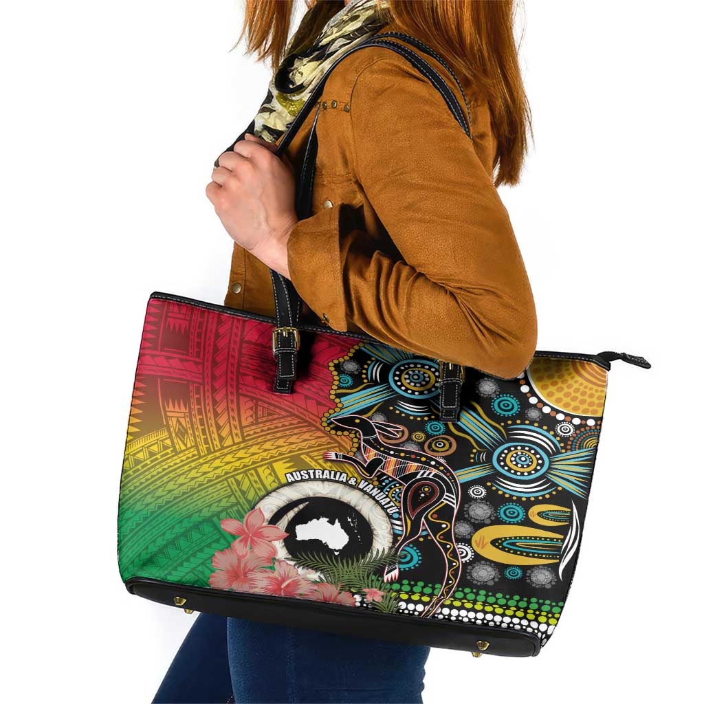 Vanuatu and Australia Together Leather Tote Bag Kangaroo with Pig Tusk Indigenous Pattern