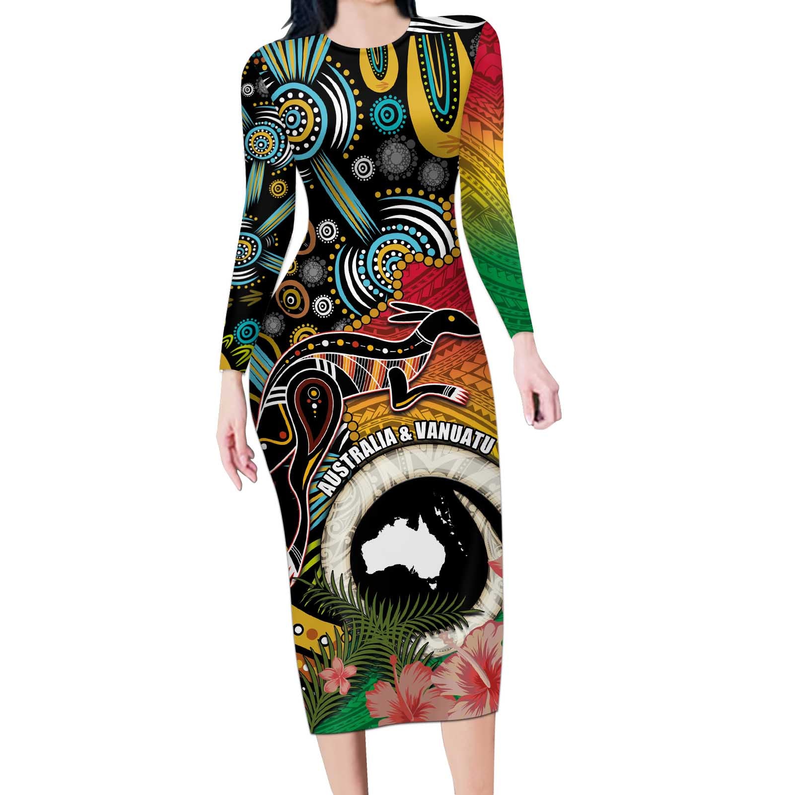 Vanuatu and Australia Together Long Sleeve Bodycon Dress Kangaroo with Pig Tusk Indigenous Pattern