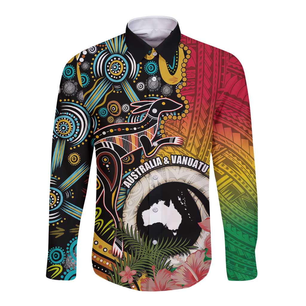 Vanuatu and Australia Together Long Sleeve Button Shirt Kangaroo with Pig Tusk Indigenous Pattern