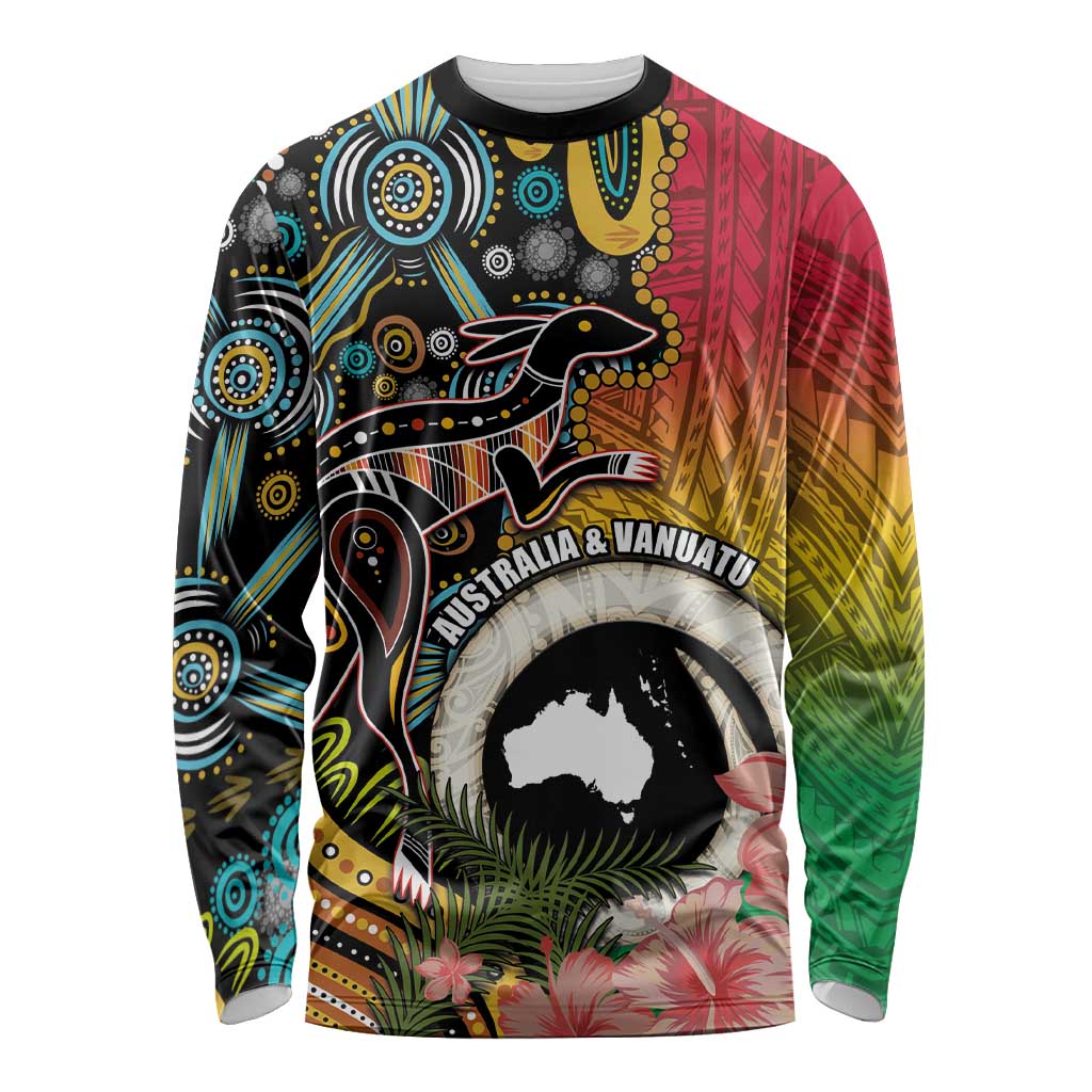 Vanuatu and Australia Together Long Sleeve Shirt Kangaroo with Pig Tusk Indigenous Pattern