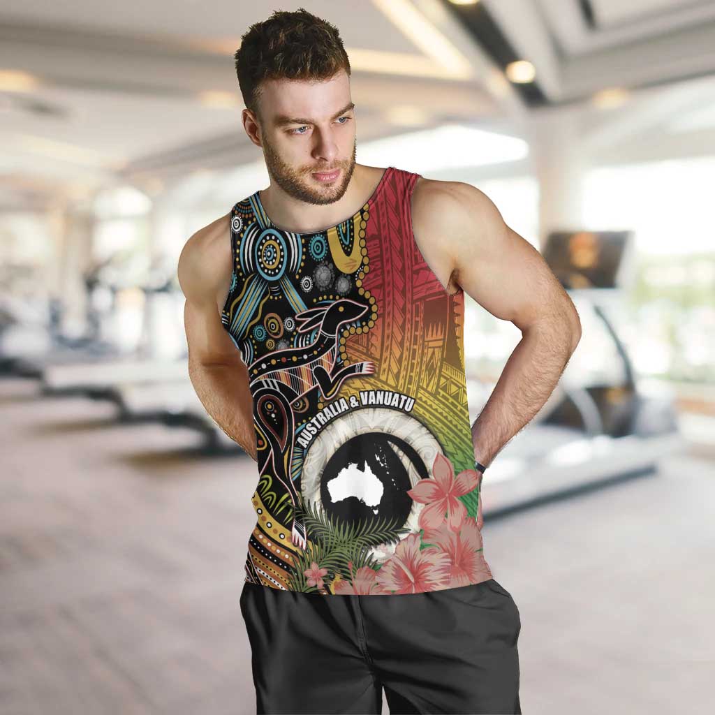 Vanuatu and Australia Together Men Tank Top Kangaroo with Pig Tusk Indigenous Pattern LT03 Black - Polynesian Pride