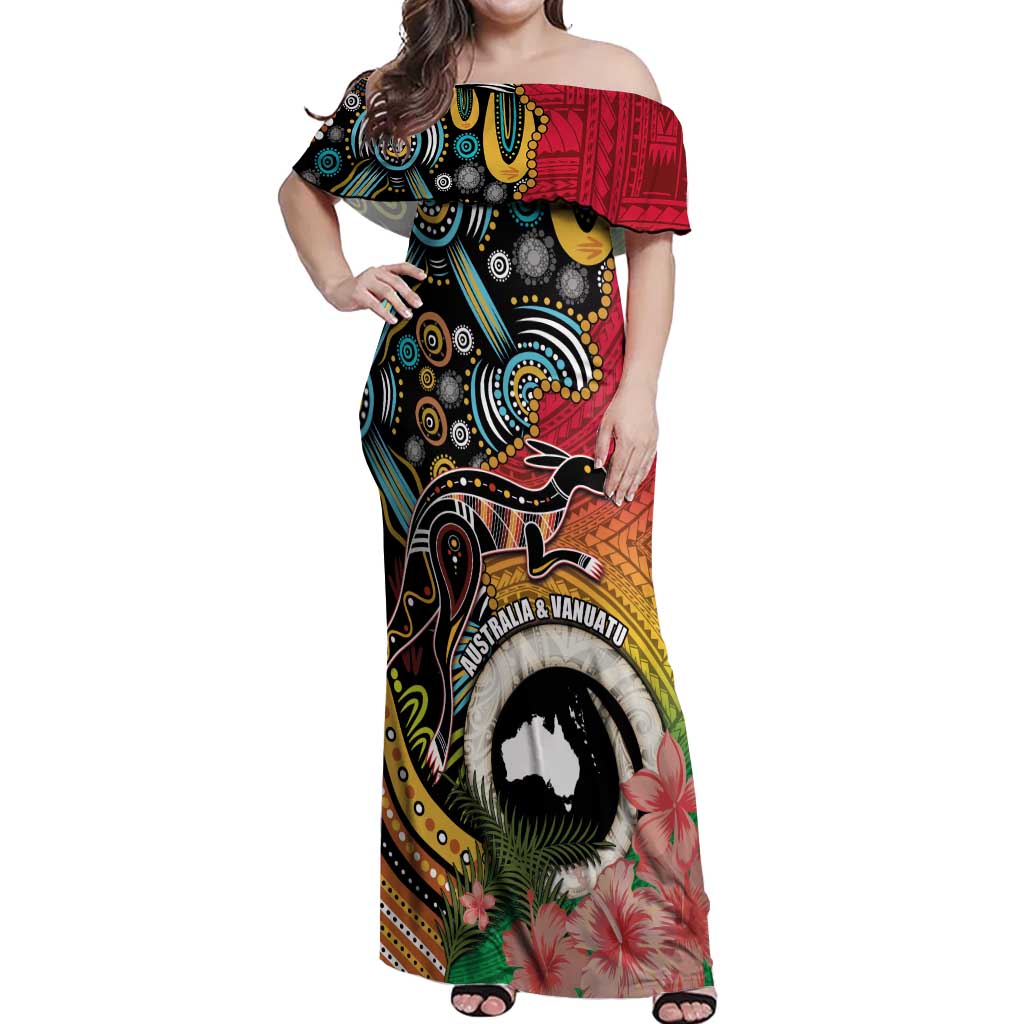 Vanuatu and Australia Together Off Shoulder Maxi Dress Kangaroo with Pig Tusk Indigenous Pattern LT03 Women Black - Polynesian Pride