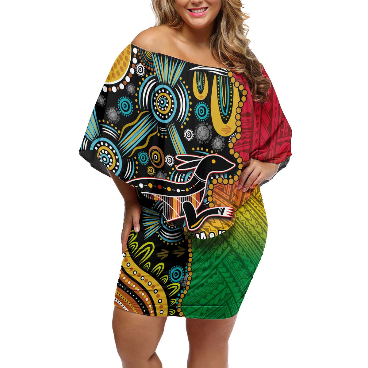 Vanuatu and Australia Together Off Shoulder Short Dress Kangaroo with Pig Tusk Indigenous Pattern LT03 Women Black - Polynesian Pride