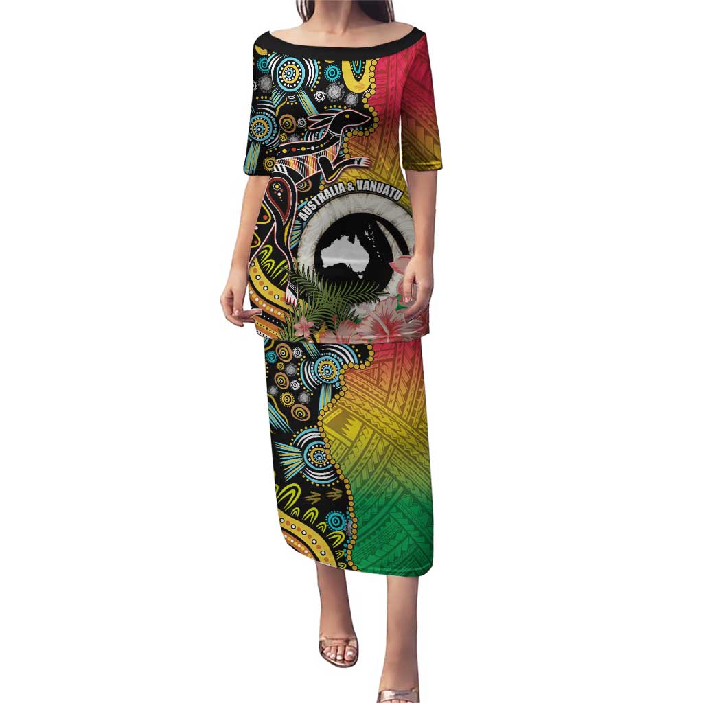 Vanuatu and Australia Together Puletasi Kangaroo with Pig Tusk Indigenous Pattern LT03 Long Dress Black - Polynesian Pride