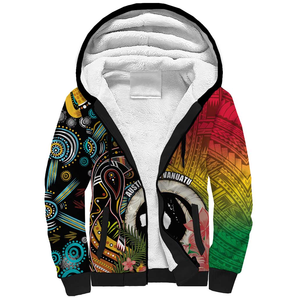 Vanuatu and Australia Together Sherpa Hoodie Kangaroo with Pig Tusk Indigenous Pattern LT03 Unisex Black - Polynesian Pride