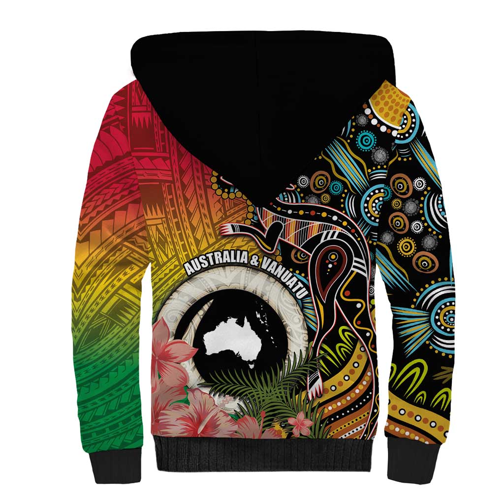 Vanuatu and Australia Together Sherpa Hoodie Kangaroo with Pig Tusk Indigenous Pattern LT03 - Polynesian Pride