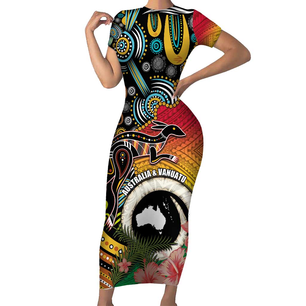 Vanuatu and Australia Together Short Sleeve Bodycon Dress Kangaroo with Pig Tusk Indigenous Pattern