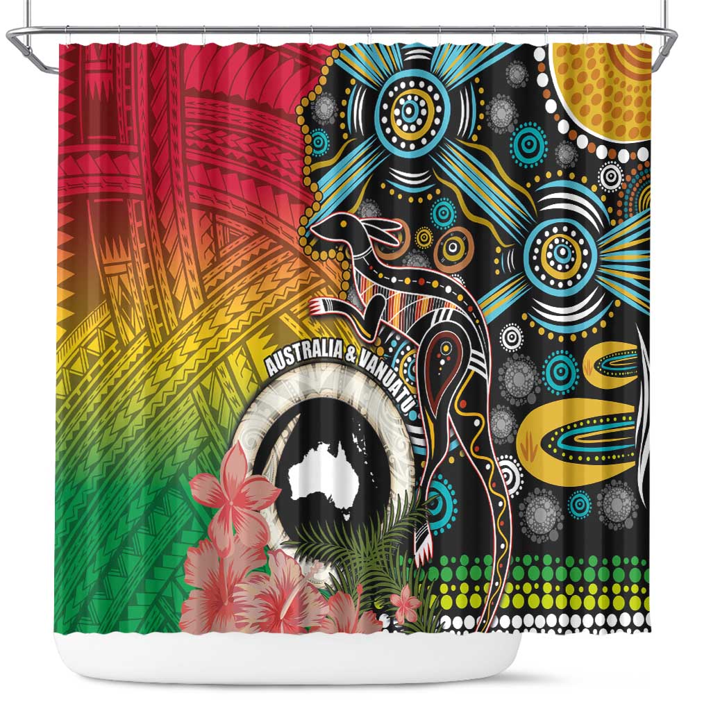 Vanuatu and Australia Together Shower Curtain Kangaroo with Pig Tusk Indigenous Pattern