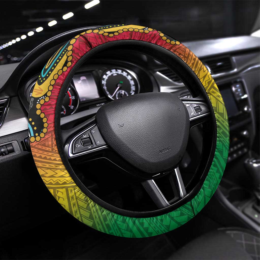 Vanuatu and Australia Together Steering Wheel Cover Kangaroo with Pig Tusk Indigenous Pattern LT03 Universal Fit Black - Polynesian Pride
