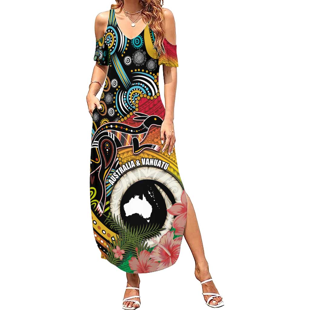 Vanuatu and Australia Together Summer Maxi Dress Kangaroo with Pig Tusk Indigenous Pattern LT03 Women Black - Polynesian Pride