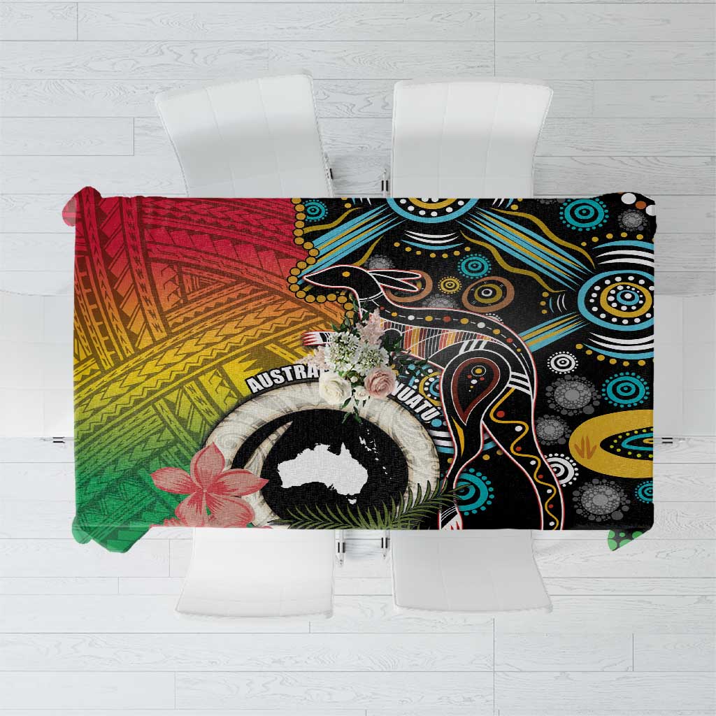 Vanuatu and Australia Together Tablecloth Kangaroo with Pig Tusk Indigenous Pattern LT03 Black - Polynesian Pride