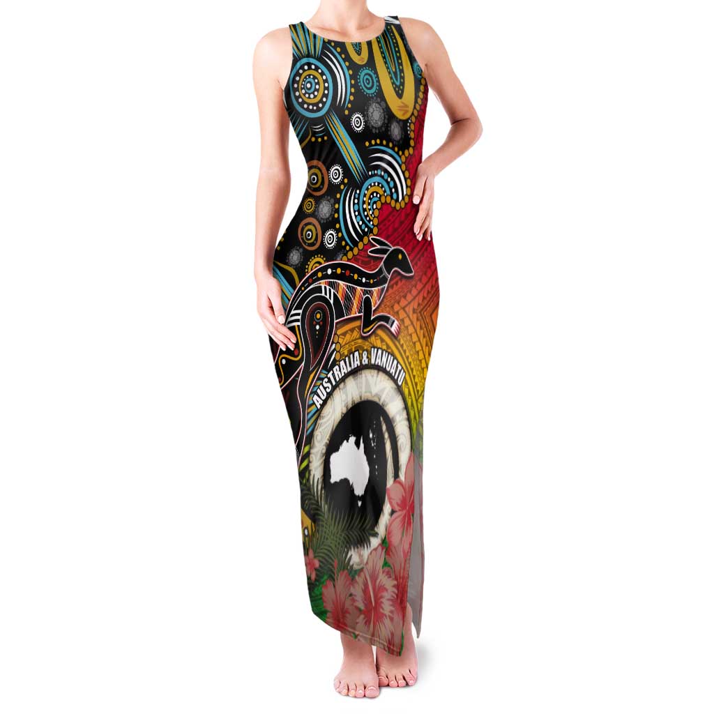 Vanuatu and Australia Together Tank Maxi Dress Kangaroo with Pig Tusk Indigenous Pattern LT03 Women Black - Polynesian Pride