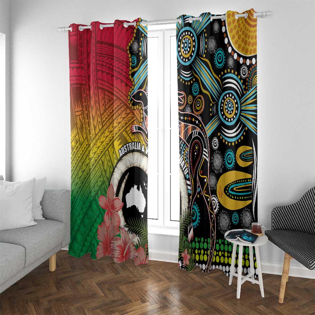 Vanuatu and Australia Together Window Curtain Kangaroo with Pig Tusk Indigenous Pattern LT03 With Grommets Black - Polynesian Pride