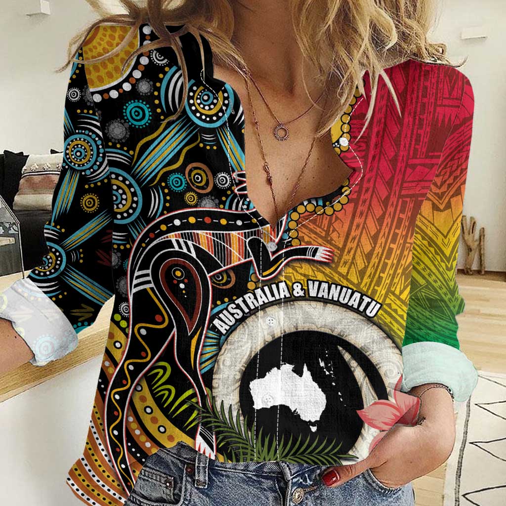 Vanuatu and Australia Together Women Casual Shirt Kangaroo with Pig Tusk Indigenous Pattern