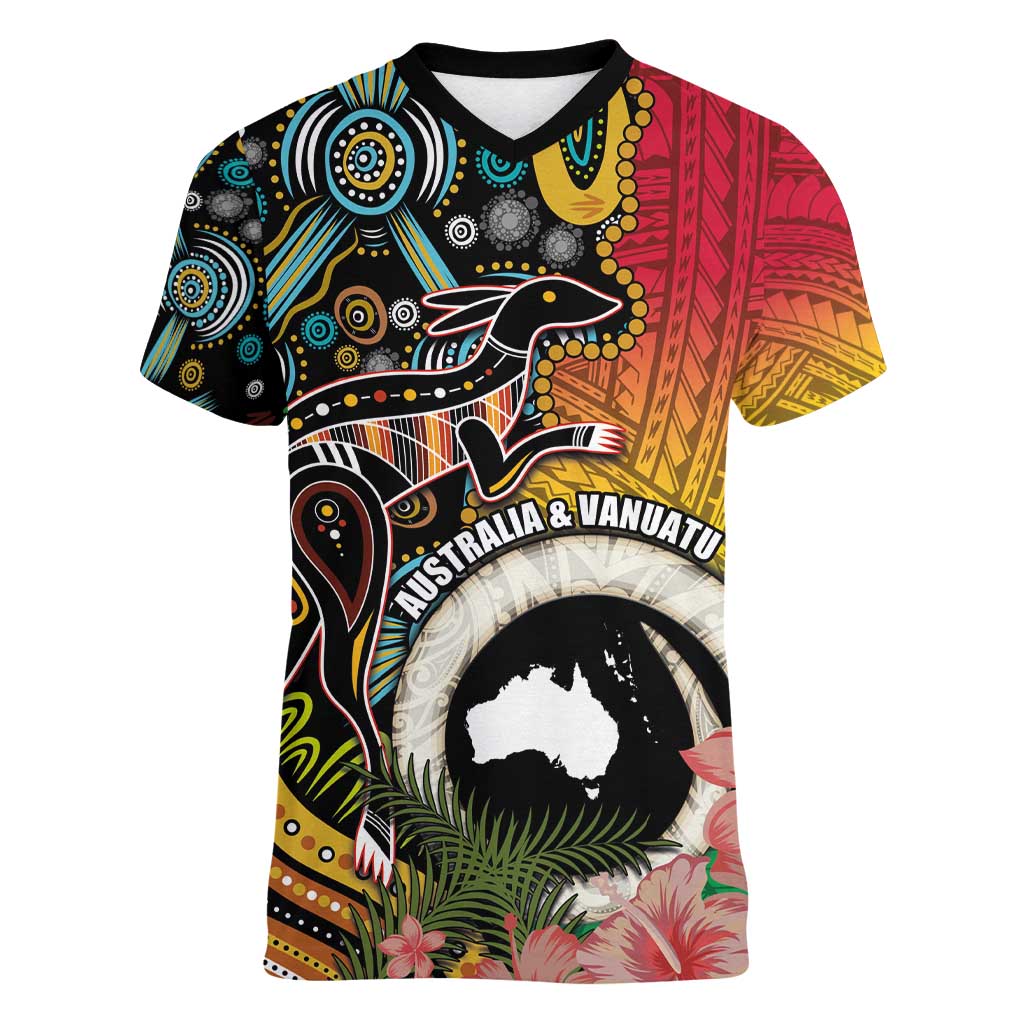 Vanuatu and Australia Together Women V-Neck T-Shirt Kangaroo with Pig Tusk Indigenous Pattern