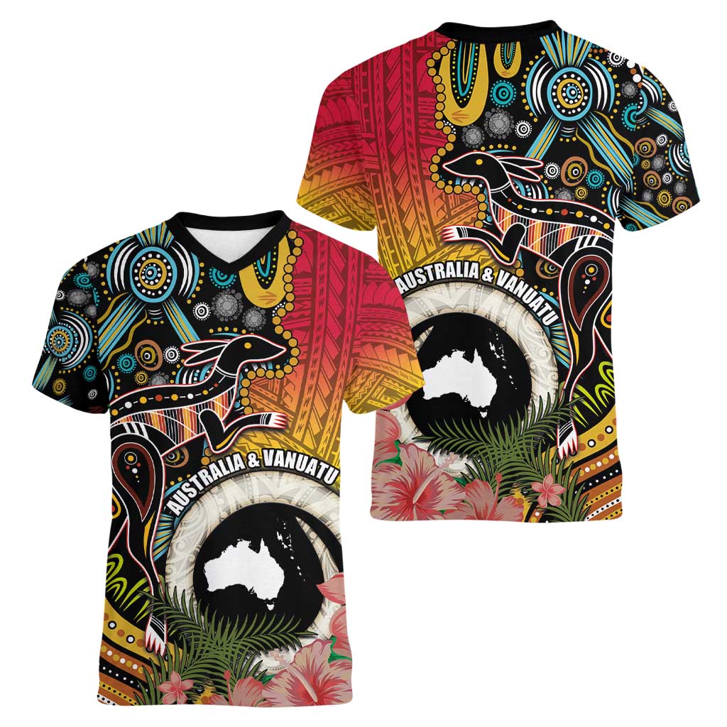 Vanuatu and Australia Together Women V-Neck T-Shirt Kangaroo with Pig Tusk Indigenous Pattern