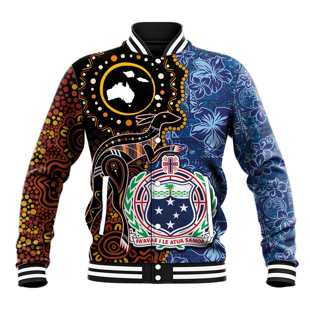 Samoa and Australia Together Baseball Jacket Kangaroo and Tribal Hibiscus Aboriginal Pattern