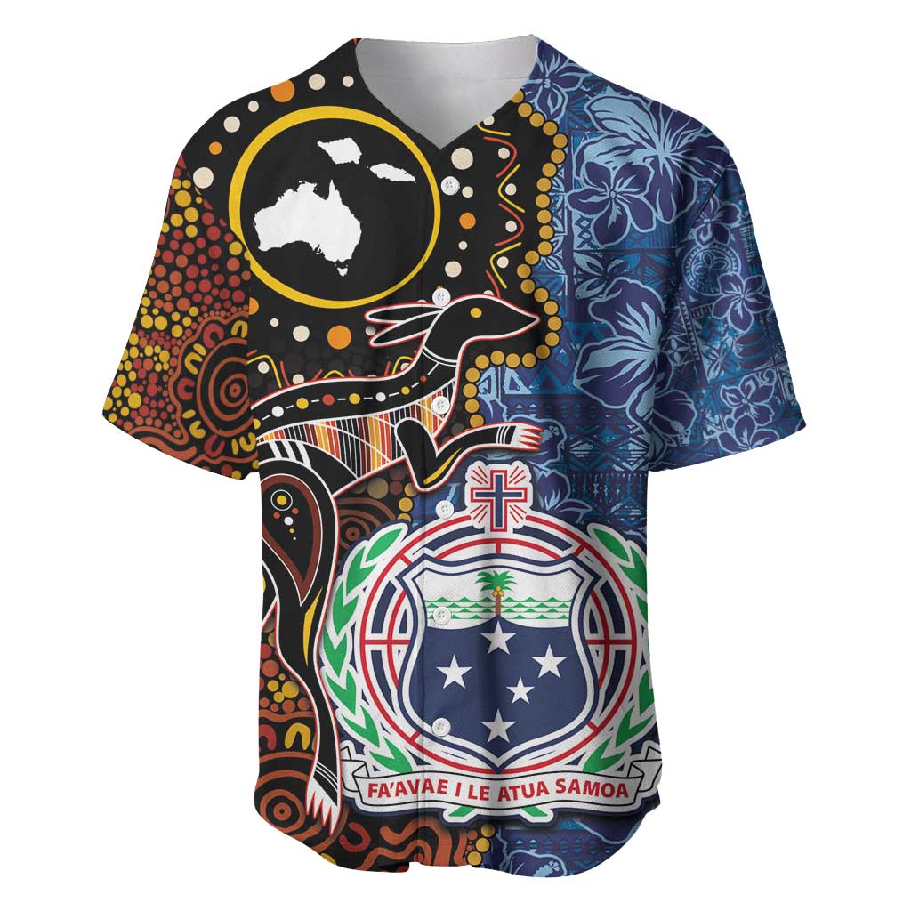 Samoa and Australia Together Baseball Jersey Kangaroo and Tribal Hibiscus Aboriginal Pattern