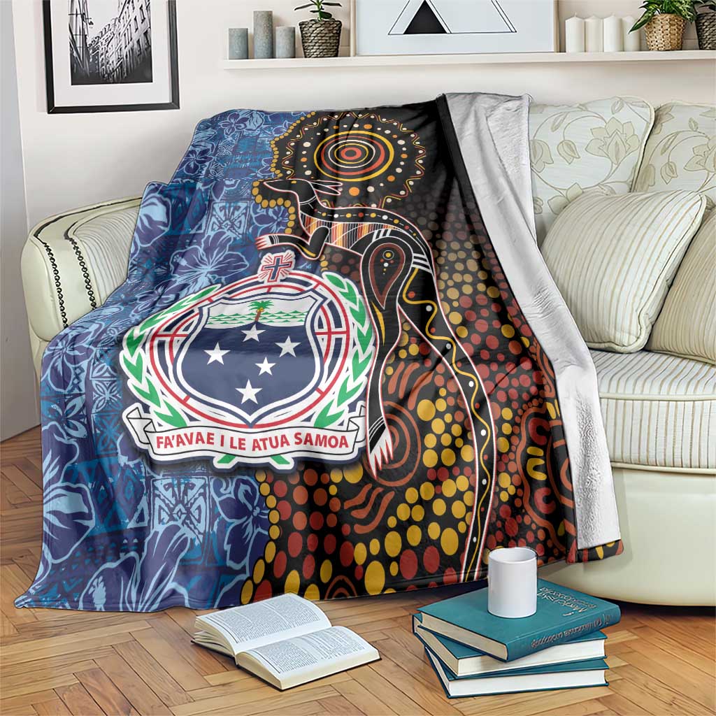 Samoa and Australia Together Blanket Kangaroo and Tribal Hibiscus Aboriginal Pattern LT03 Blue - Polynesian Pride