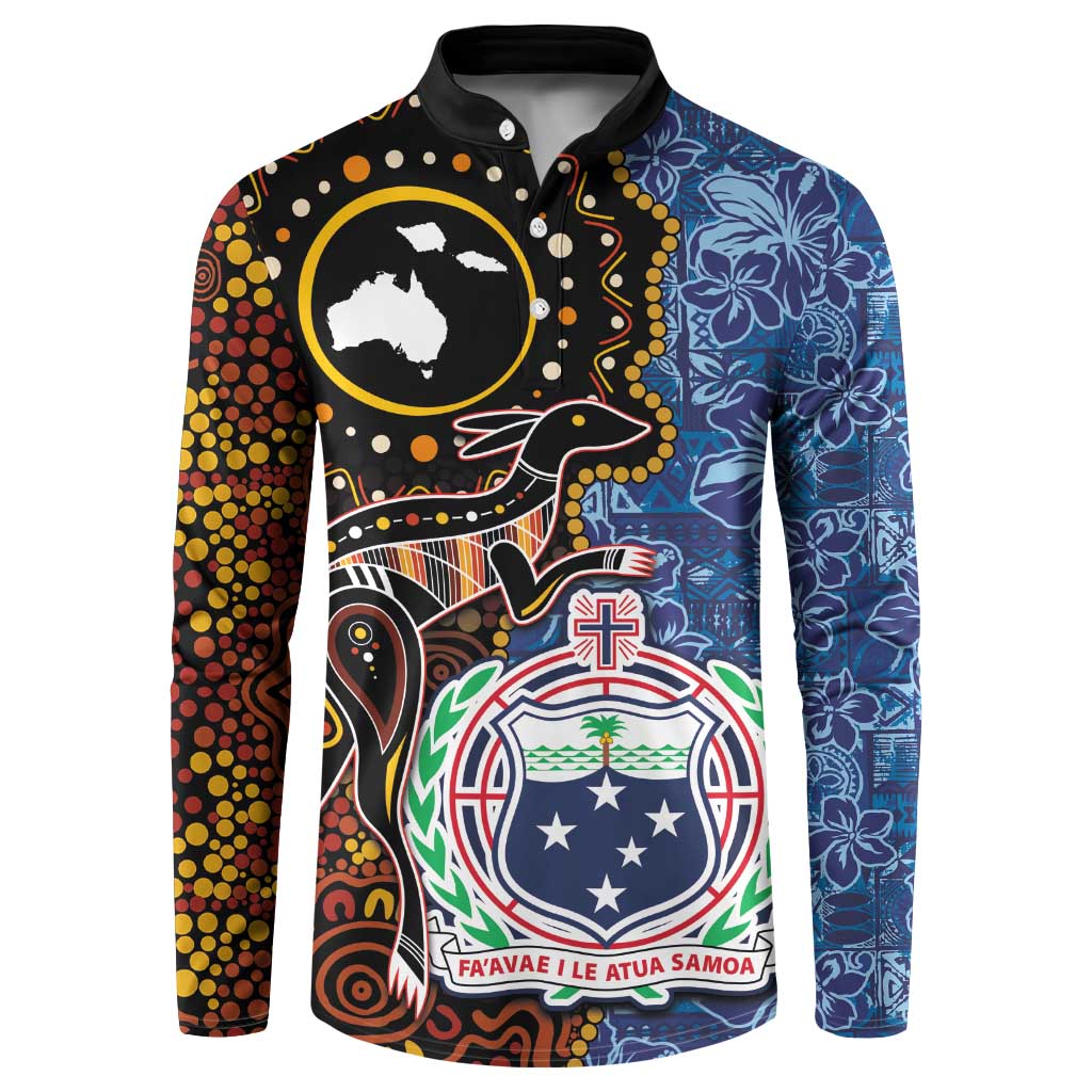 Samoa and Australia Together Button Sweatshirt Kangaroo and Tribal Hibiscus Aboriginal Pattern LT03 Blue - Polynesian Pride