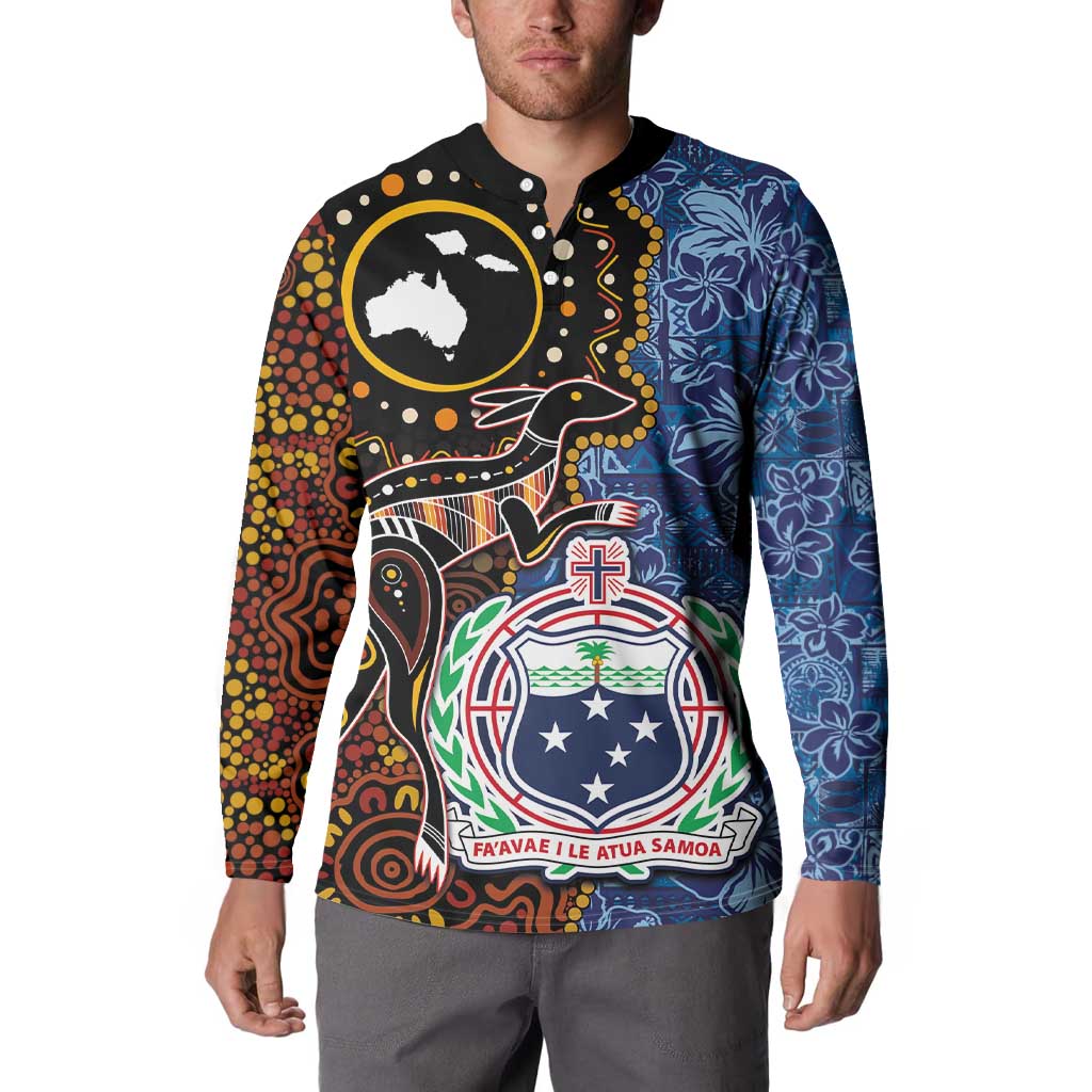 Samoa and Australia Together Button Sweatshirt Kangaroo and Tribal Hibiscus Aboriginal Pattern LT03 - Polynesian Pride