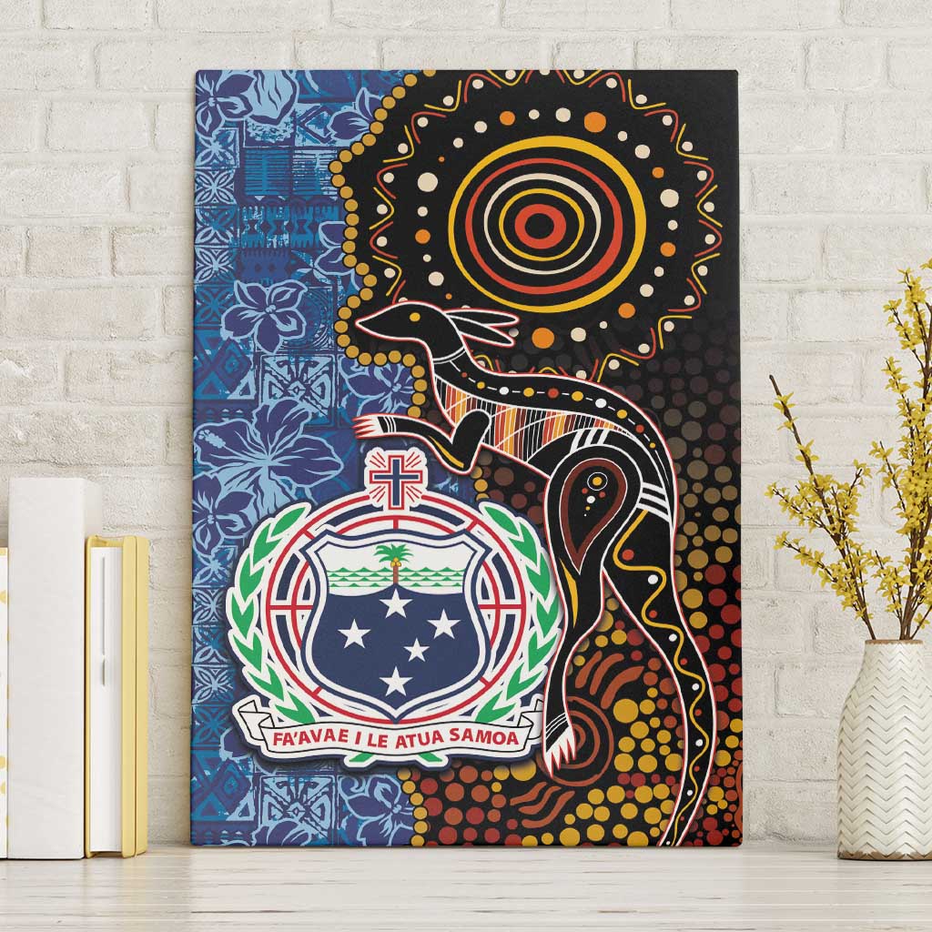 Samoa and Australia Together Canvas Wall Art Kangaroo and Tribal Hibiscus Aboriginal Pattern LT03 Without Frame Blue - Polynesian Pride