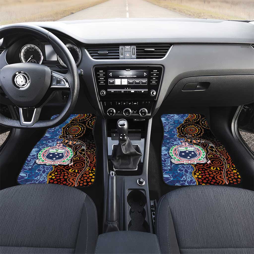 Samoa and Australia Together Car Mats Kangaroo and Tribal Hibiscus Aboriginal Pattern LT03 Set 2pcs - Front Blue - Polynesian Pride