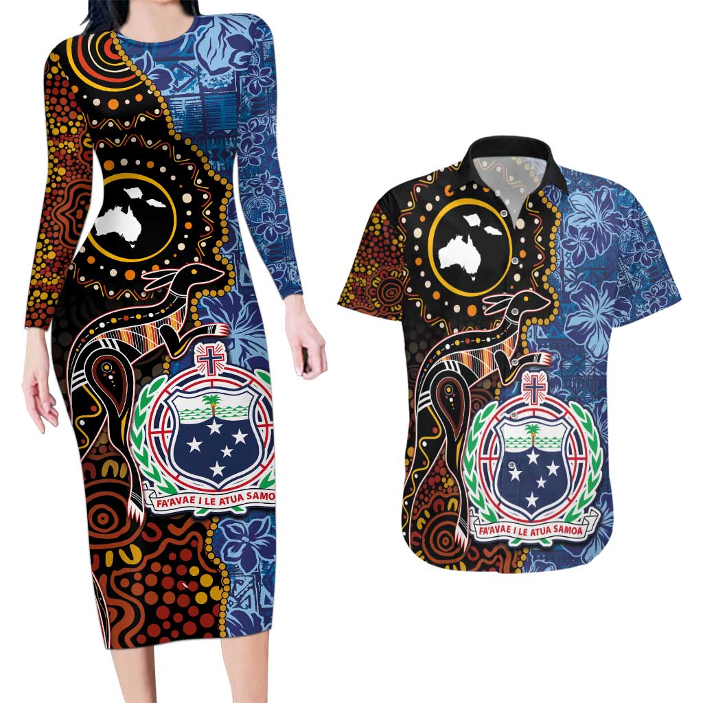 Samoa and Australia Together Couples Matching Long Sleeve Bodycon Dress and Hawaiian Shirt Kangaroo and Tribal Hibiscus Aboriginal Pattern