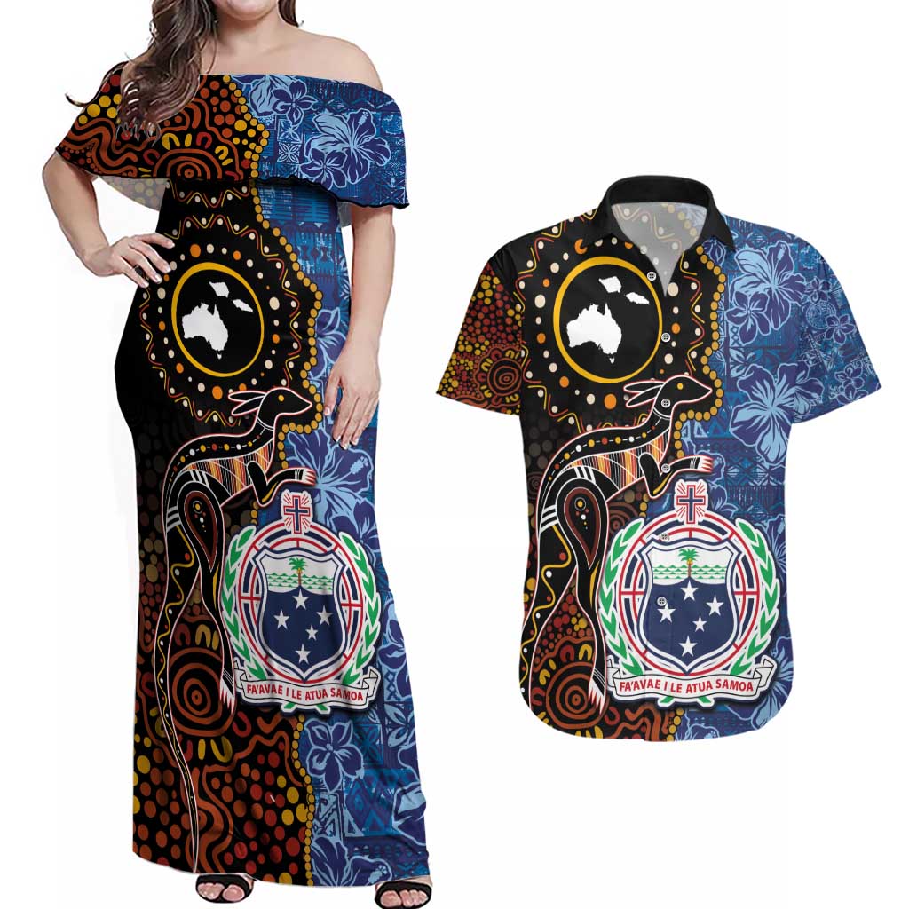 Samoa and Australia Together Couples Matching Off Shoulder Maxi Dress and Hawaiian Shirt Kangaroo and Tribal Hibiscus Aboriginal Pattern