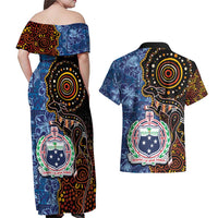 Samoa and Australia Together Couples Matching Off Shoulder Maxi Dress and Hawaiian Shirt Kangaroo and Tribal Hibiscus Aboriginal Pattern