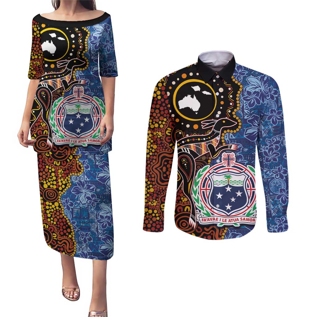 Samoa and Australia Together Couples Matching Puletasi and Long Sleeve Button Shirt Kangaroo and Tribal Hibiscus Aboriginal Pattern