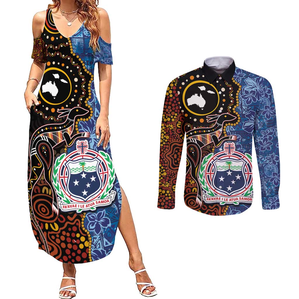 Samoa and Australia Together Couples Matching Summer Maxi Dress and Long Sleeve Button Shirt Kangaroo and Tribal Hibiscus Aboriginal Pattern